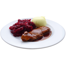 Hamlap met jus, rode bietjes met appel en aardappelpuree (zoutarm/natriumarm). 